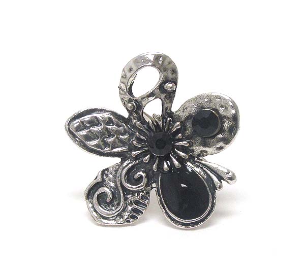 Crystal deco and metal filigree adjustable flower ring