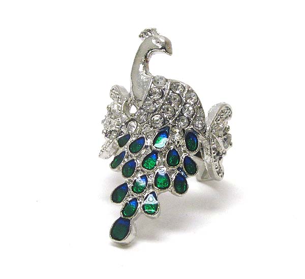 Crystal deco peacock adjustable ring