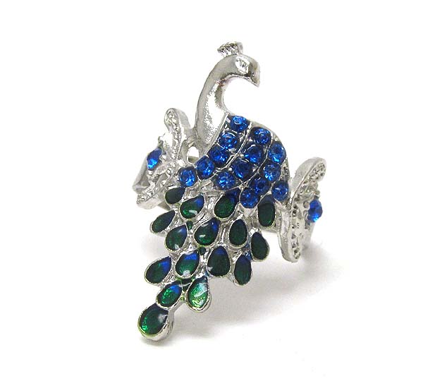 Crystal deco peacock adjustable ring