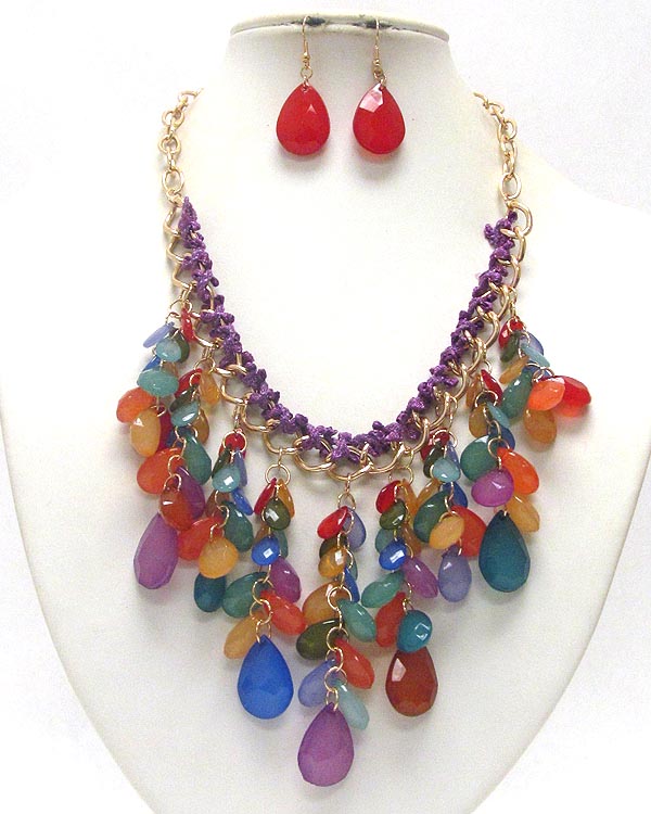 Multi facet acrylic teardrop bib necklace earring set