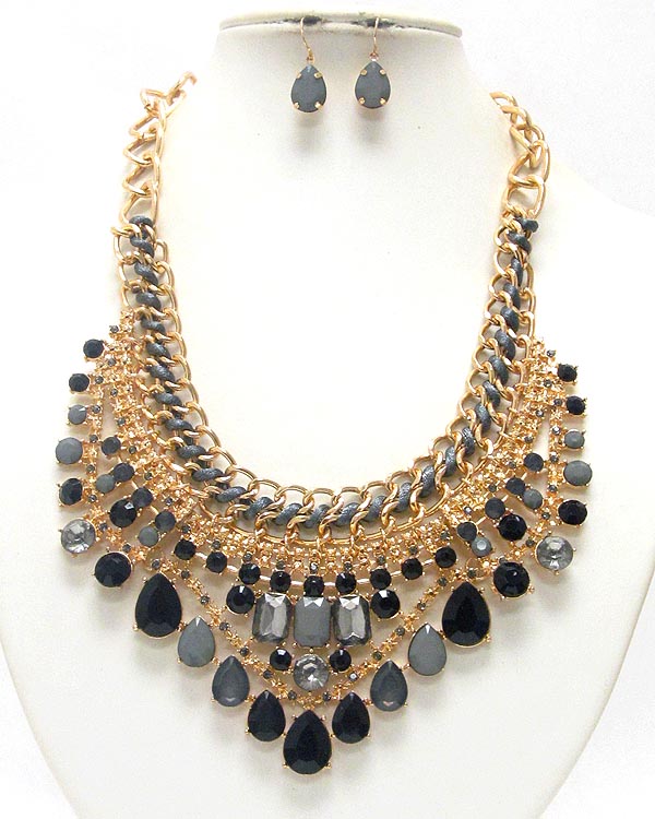 Multi crystal and teardrop stone chain link bib necklace earring set