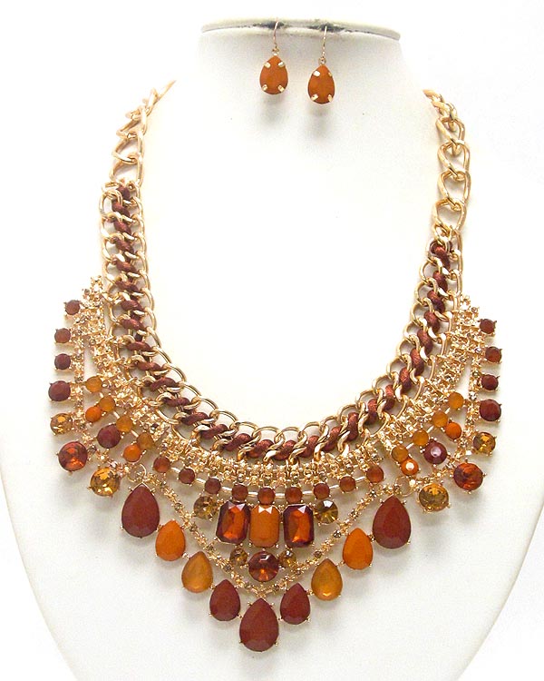 Multi crystal and teardrop stone chain link bib necklace earring set