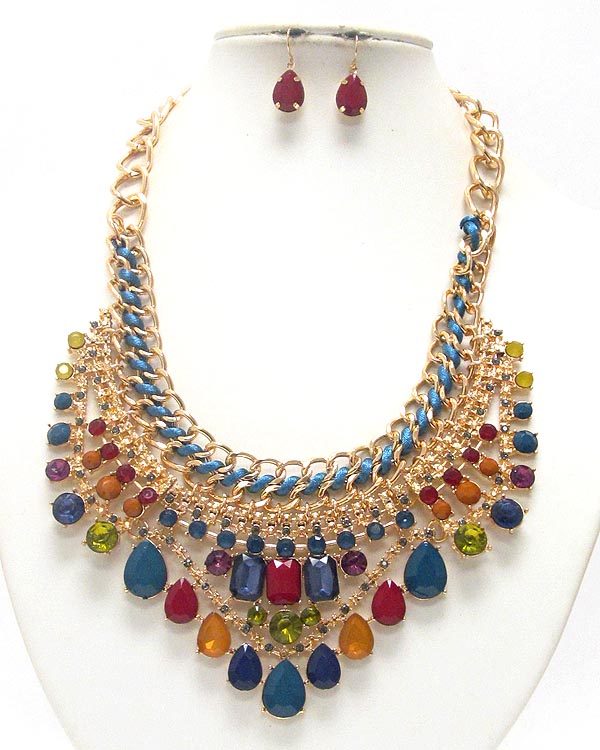 Multi crystal and teardrop stone chain link bib necklace earring set