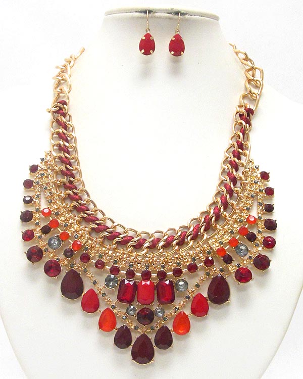 Multi crystal and teardrop stone chain link bib necklace earring set