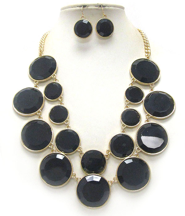 Multi facet acrylic disk link double chain necklace earring set