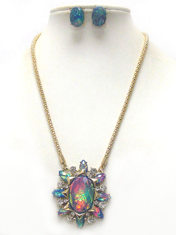 Abalone finish facet stone and crystal deco pendant necklace earring set