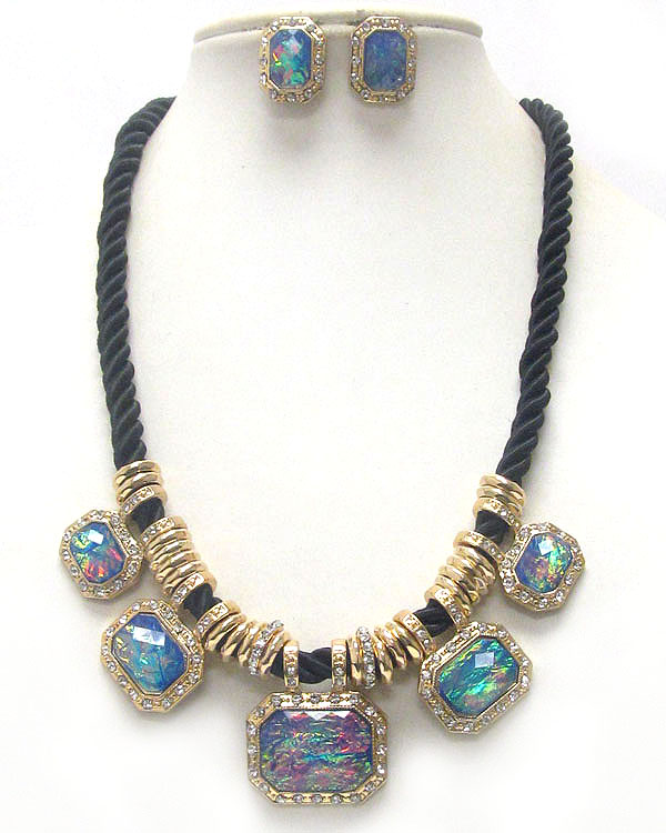 Multi abalone finish square stone and crystal deco rope necklace earring set