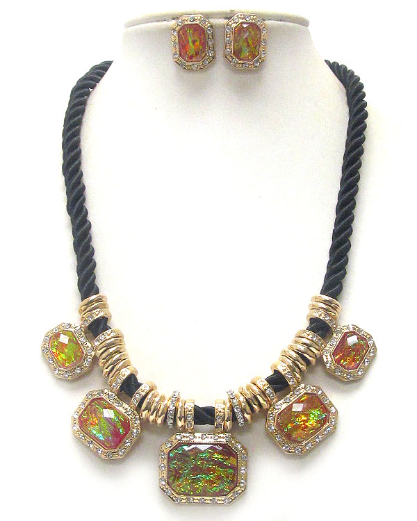 Multi abalone finish square stone and crystal deco rope necklace earring set