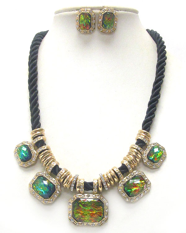 Multi abalone finish square stone and crystal deco rope necklace earring set