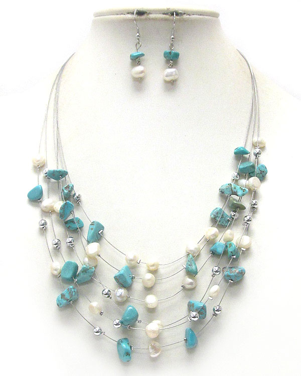 Multi turquoise and wire illusion necklace earring set