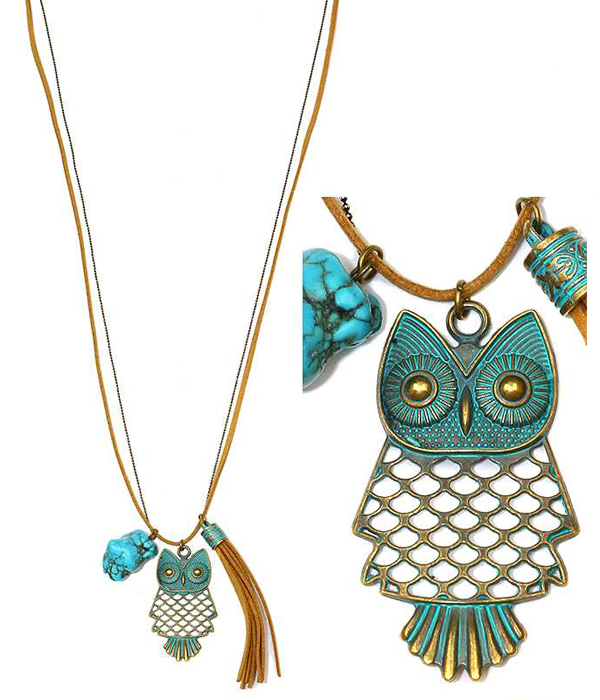 Vintage rustic owl and tassel long suede necklace