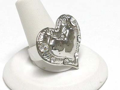 Crystal stud high polish metal heart adjustable ring