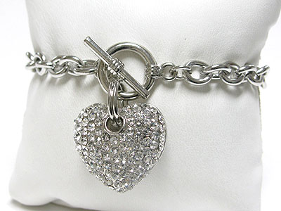 Crystal puffy heart charm toggle bracelet