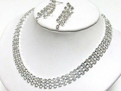 Full three row rhinestone necklace and earring set