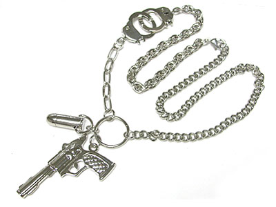 Gun and bullet and handcuff link long chain necklace