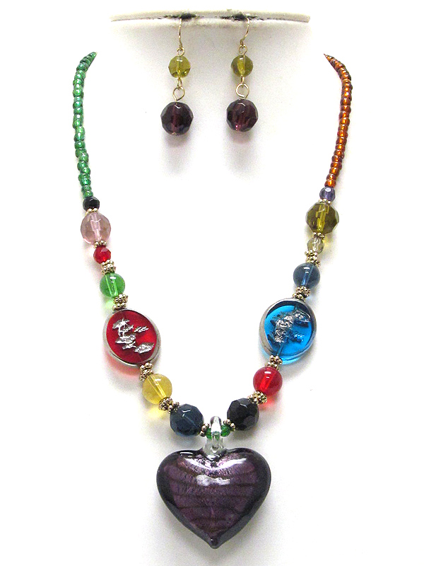 Murano glass heart pendant and glass art beads necklace earring set