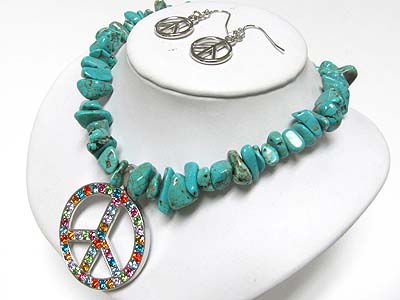 Crystal peace pendant turquoise stone necklace earring set