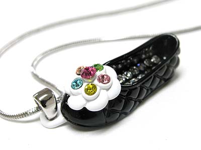 Made in korea whitegold plating crystal metal epoxy miniature flower shoe pendant necklace