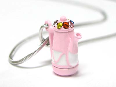 Made in korea whitegold plating crystal metal epoxy miniature coffe pot pendant necklace