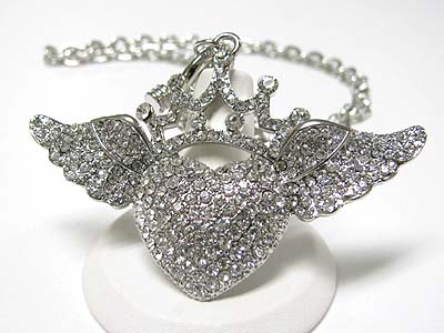 Crystal large crown heart wing pendant  necklace