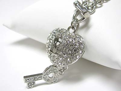 Crystal heart lock pendant and key drop toggle necklace