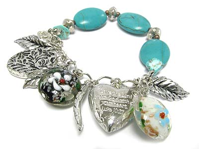 Turquoise and murano glass charm stretch bracelet