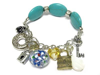 Turquoise and murano glass antique charm stretch bracelet