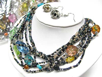 Sell by dozen - color mixed triple row seed beads long necklace earring set mens jewelry