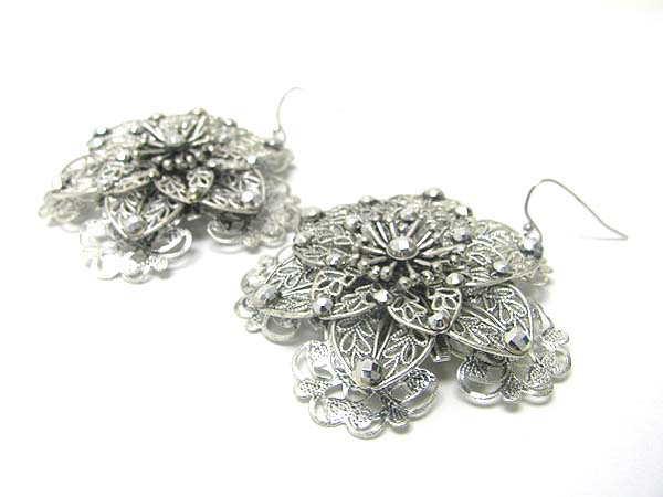 Crystal stud filigree metal flower earring