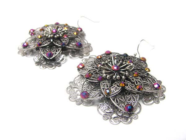 Crystal stud filigree metal flower earring