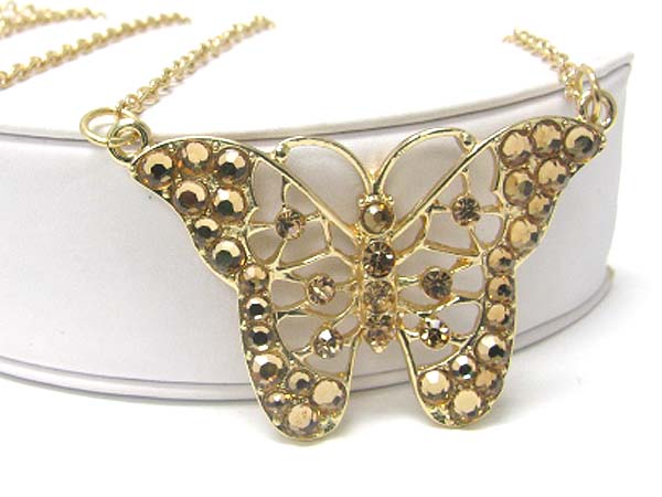 Crystal stud large butterfly pendant long chain necklace