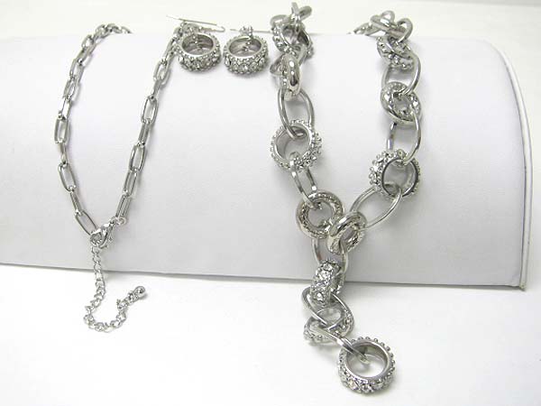 Multi crystal stud ring link long chain necklace earring set