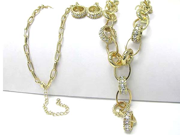 Multi crystal stud ring link long chain necklace earring set