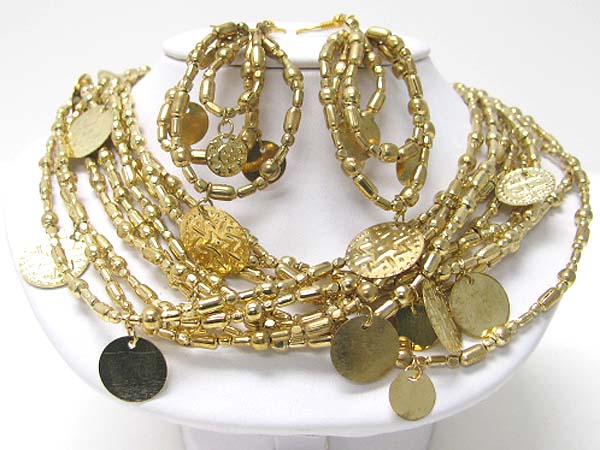 Multi strand metallic beads and coin dangle necklace earring set