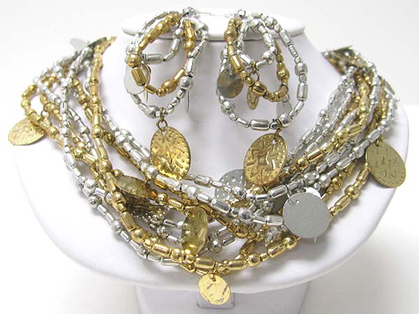 Multi strand metallic beads and coin dangle necklace earring set