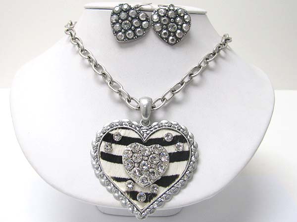 Crystal and fur deco metal heart pendant neckalce earring set