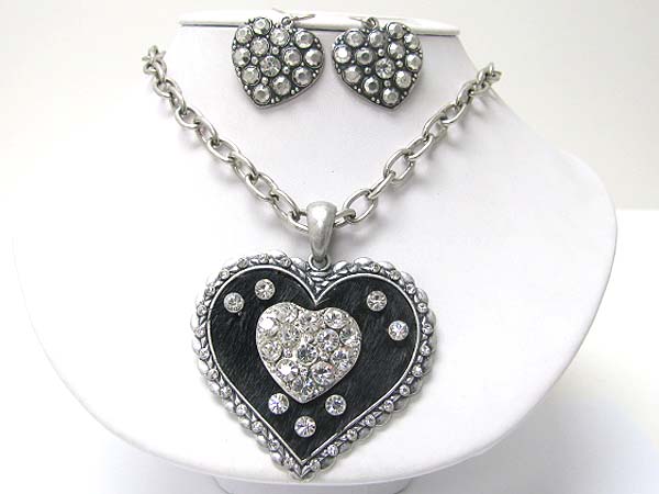 Crystal and fur deco metal heart pendant neckalce earring set