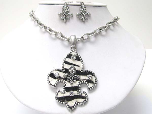 Crystal and fur deco metal fleur de lis pendant neckalce earring set