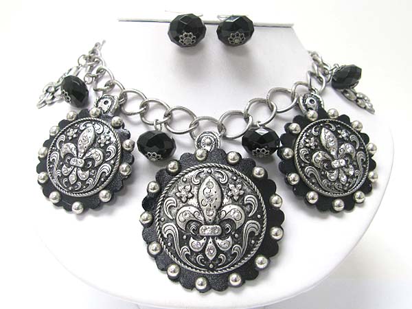 Crystal stud antique look fleur de lis texture round disk dangle neckalce earring set 