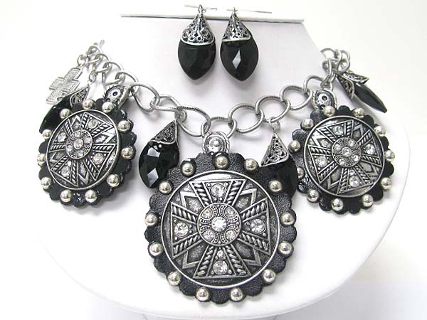 Crystal stud antique look cross texture round disk dangle neckalce earring set