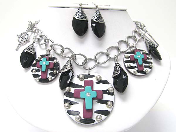 Metal stud zebra pattern art design disk and metal and glass beads neckalce earring set