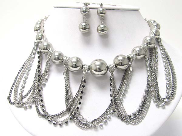 Gradual metal ball and rhinestone and metal chain hanging necklace earring set