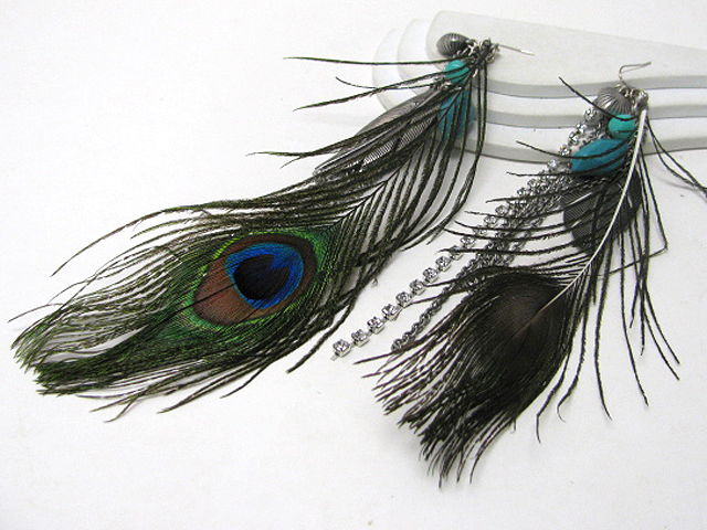 9 inch super long crystal line and multi peacock feather drop earring?