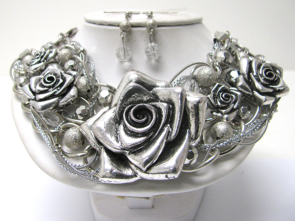 Massive style multi metal rose and ball and chain tangle necklace earring set