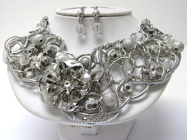 Massive style multi metalflower and ball and chain tangle necklace earring set