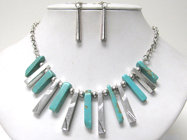 Metal and turquoise bar mix tribal necklace earring set