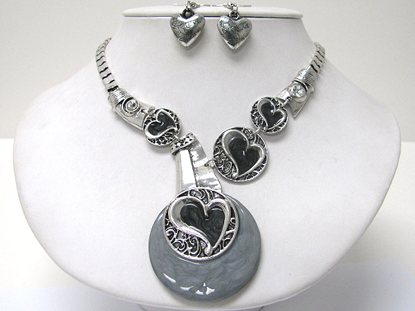 Formica round disk and multi heart casting disk link winde chain necklace earring set