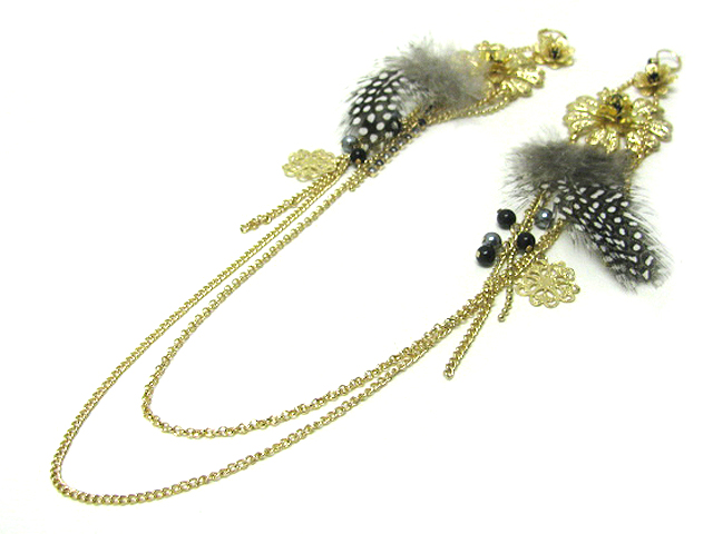 12 inch super long double layer chain and metal flower and feather dangle earlace