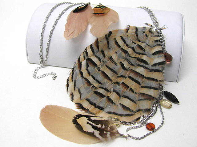 5x5 large feather pendant long chain necklace earring set