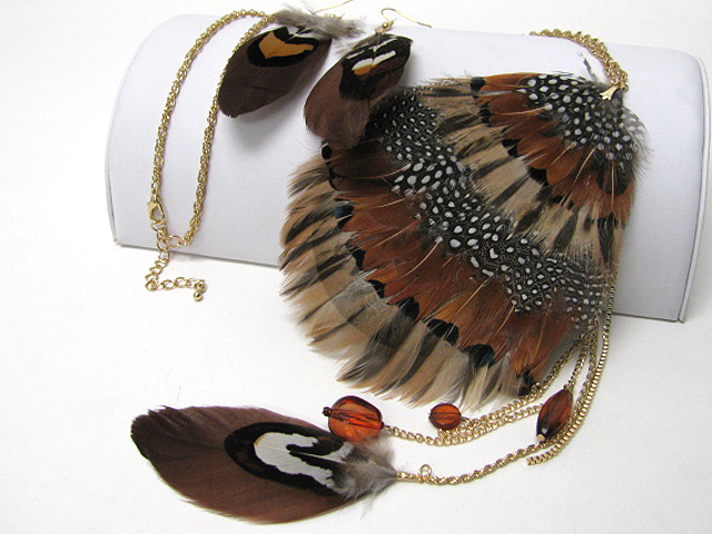 5x5 large feather pendant long chain necklace earring set